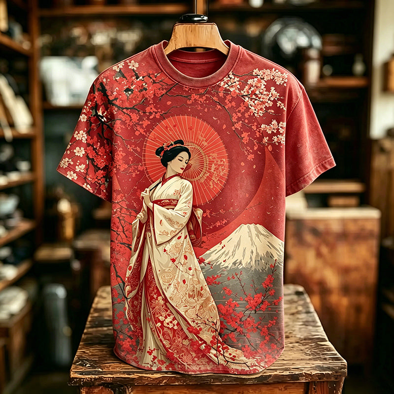Cardydony Men's Retro Japanese Geisha Cherry Blossom And Mount Fuji Pattern Crew Neck T-shirt
