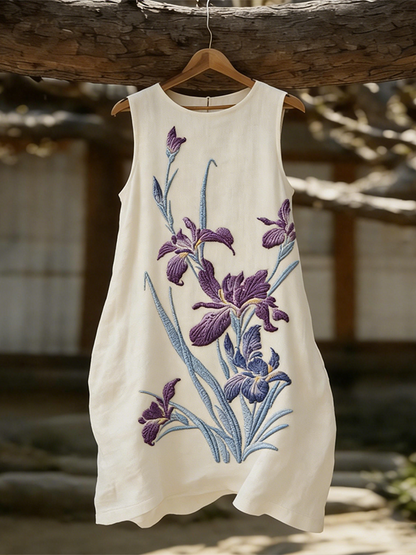 Cardydony Floral Pattern Embroidery Design Linen Women's Sleeveless Dress