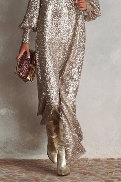 Cardydony Women's Minimalist Sparkling Sequin V-neck Long Balloon Sleeve Slit Party Maxi Dress