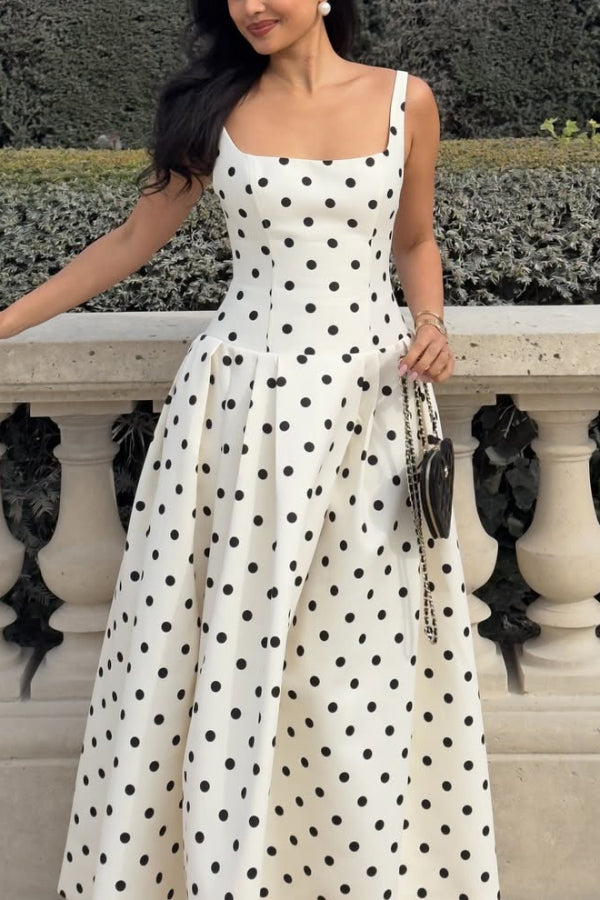 Cardydony Women's Polka Dot Print Square Neck Sleeveless Holiday Maxi Dress