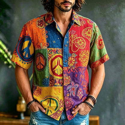 Cardydony Men's Retro Peace Logo Floral Art Color Block Print Casual Shirt
