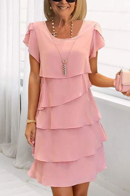 Cardydony Women's Solid Color Round Neck Short Sleeve Casual Multi-Layered Mini Dress
