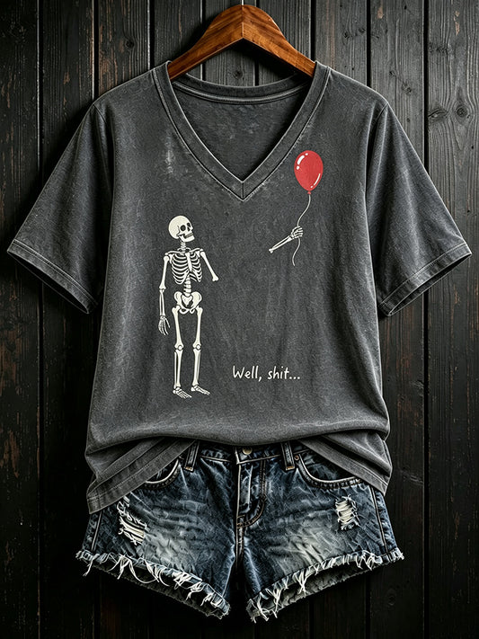 Cardydony Men's Vintage Skeleton Lost Balloon Well Shit Funny Skeleton Graphic Print Casual T-shirt