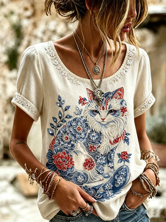 Cardydony Women's Cat Flower Art Printed T-shirt