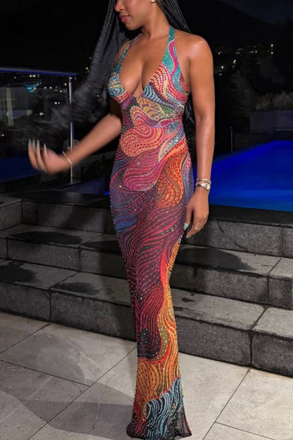 Cardydony Women's ashionable Colorful Printed Sleeveless Halter Neck Slim-fit Maxi Dress