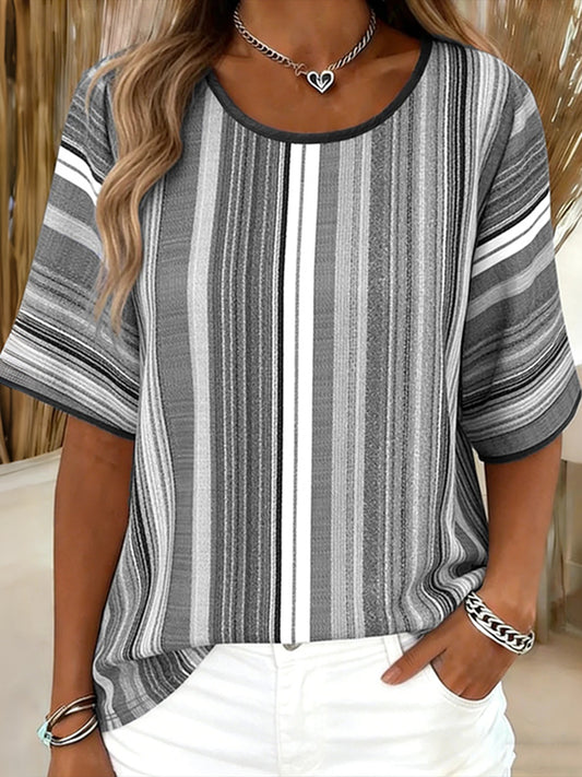 Cardydony Women's Retro Striped Print Short-sleeve T-shirt