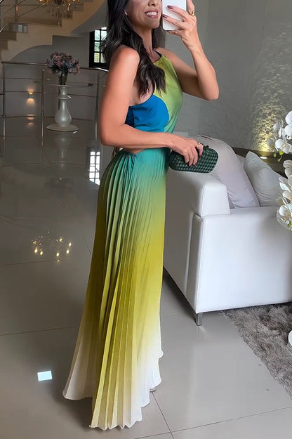 Cardydony Women's Fashionable Backless Tie Elegant Gradient Pleated Maxi Dress
