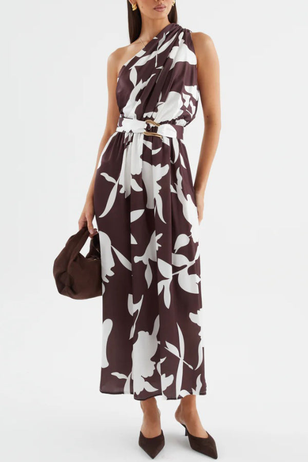 Cardydony Women's Unique Printed One-Shoulder Belt Casual Holiday Maxi Dress