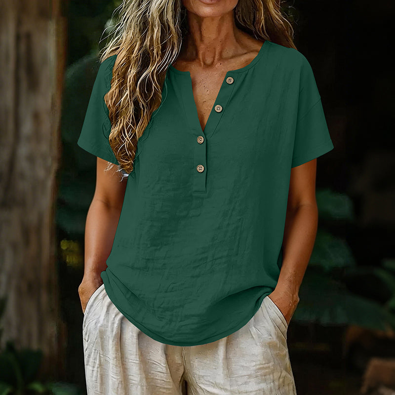 Cardydony Solid Color Linen Short-sleeved Half-front Button-up Shirt