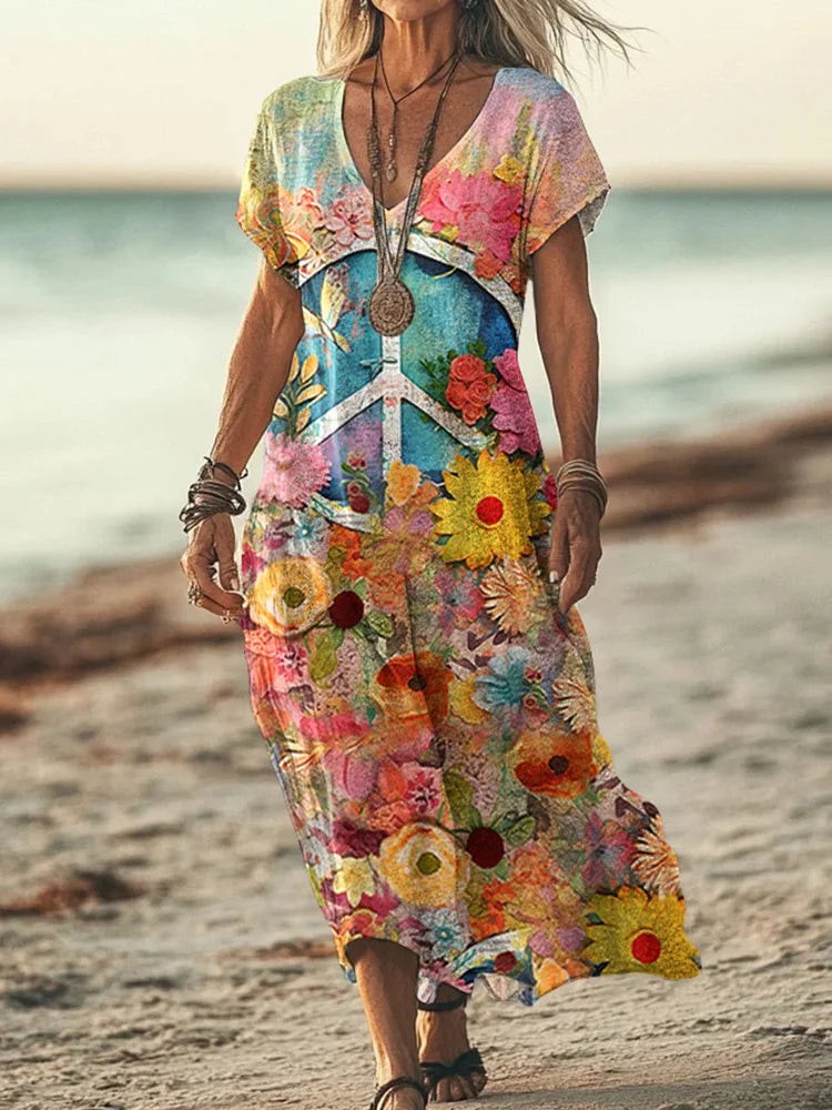 Cardydony Vintage Hippie Vibe Peace And Love Hippie Floral Painting Art Pattern Linen Blend V-neck Loose Midi Dress