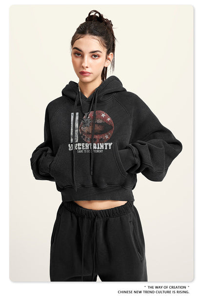Cardydony Women's Vintage Print Cropped Hoodie | Y2K Washed Black