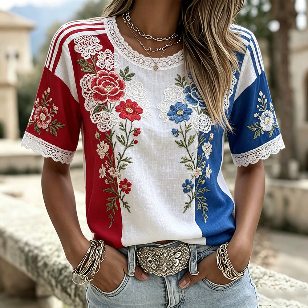 Cardydony Women's Floral Cotton And Linen Striped Short-sleeved Top