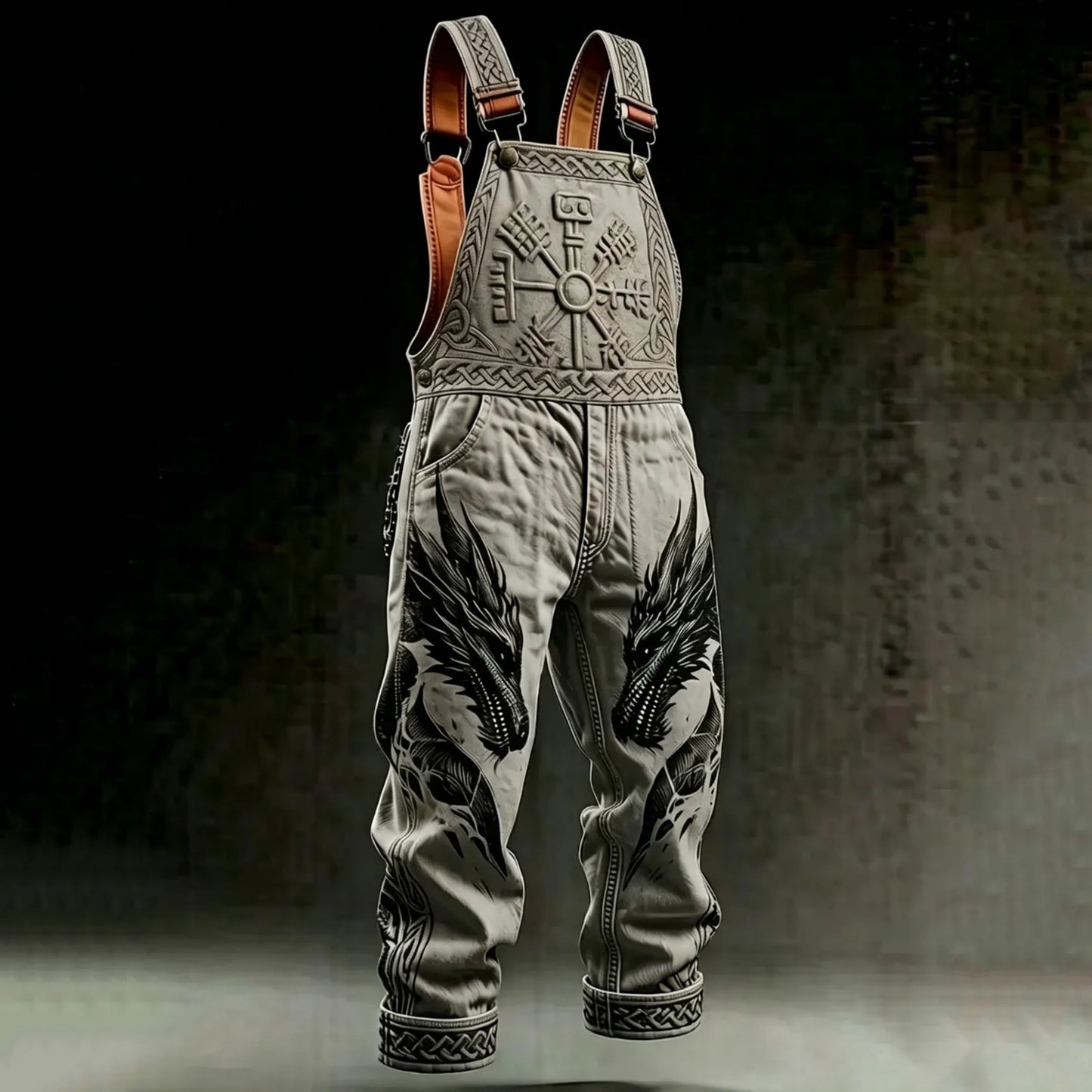 Cardydony Men's Retro Viking Rune And Dragon Print Summer Cotton Linen Casual Overalls