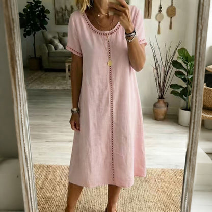Cardydony Women's Solid Color Round Neck Short Sleeve Linen Blend Midi Dress