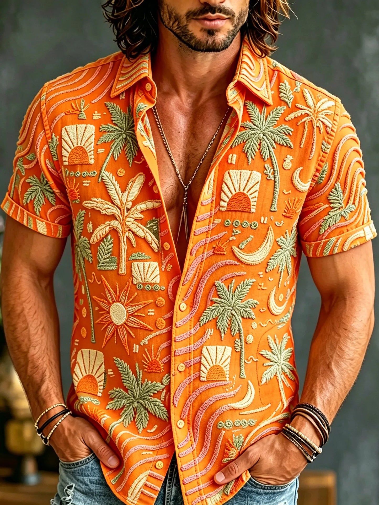 Cardydony Men's Retro Bohemian Hippie Resort Style Floral Print Short-sleeve Shirt