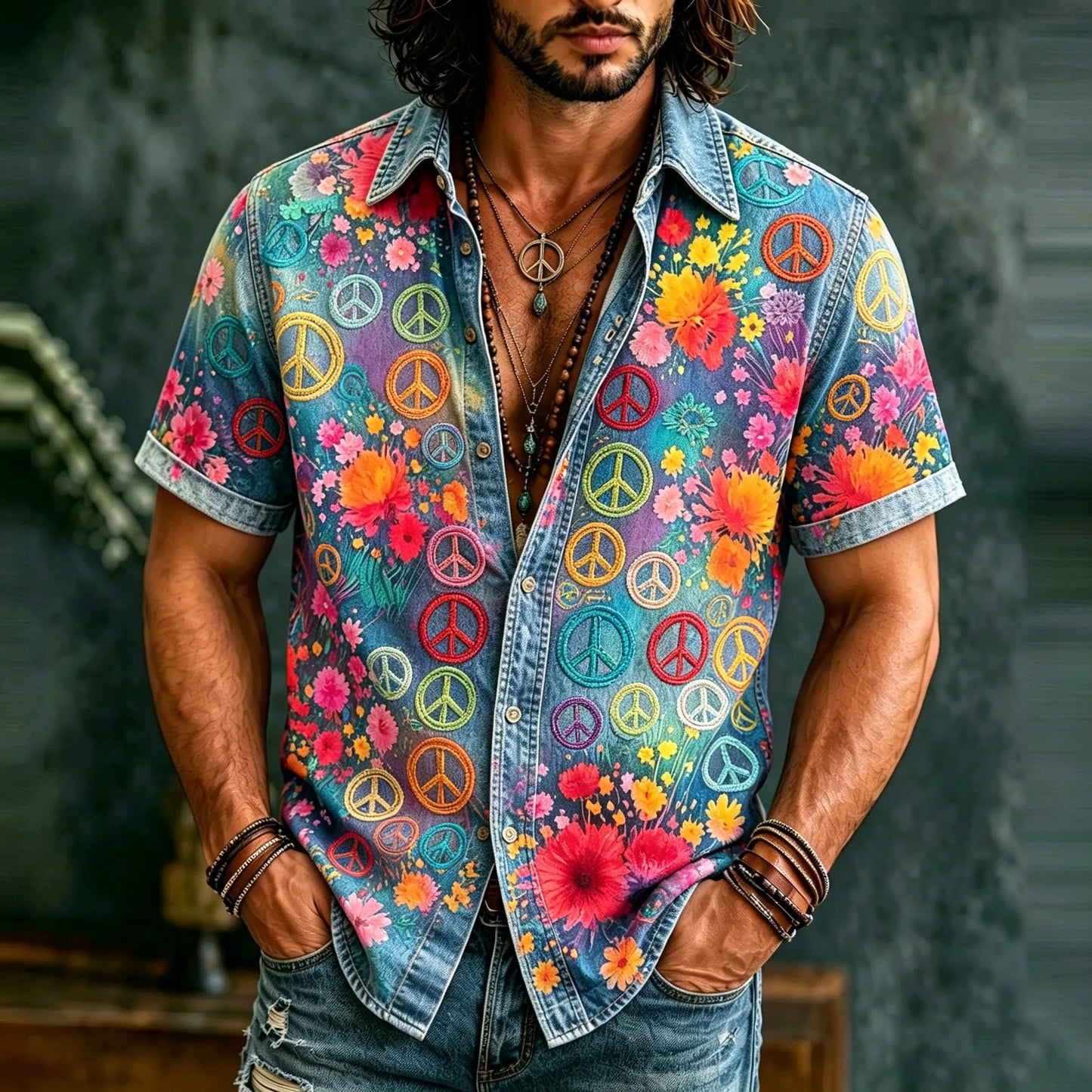 Cardydony Men's Retro Hippie Peace With Floral Graffiti Art Pattern Casual Washed Shirt
