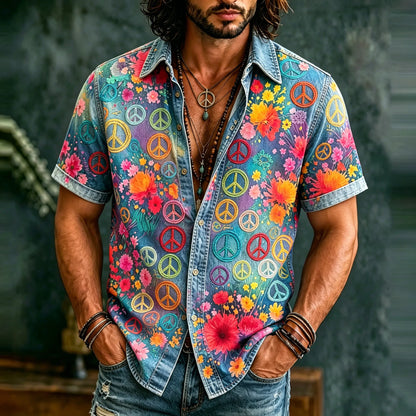 Cardydony Men's Retro Hippie Peace With Floral Graffiti Art Pattern Casual Washed Shirt