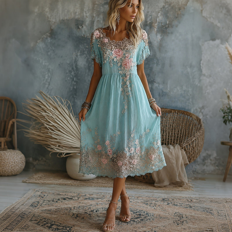 Cardydony Women's Vintage Rose Floral Art Flowy Linen Blend Casual Round Neck Midi Dress