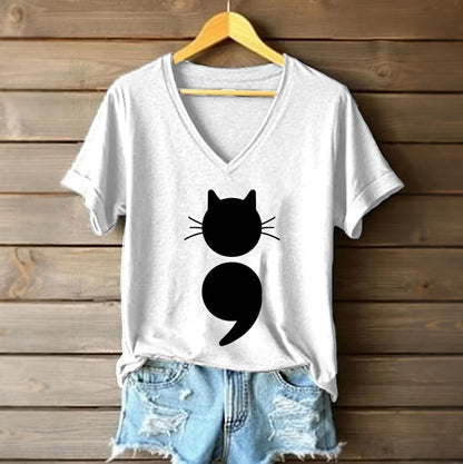 Cardydony Women's Survivor Cat Semicolon Mental Health Graphic Print Short Sleeve T-shirt