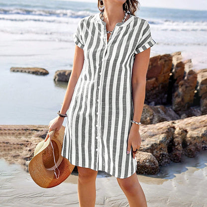 Cardydony Women's Striped Print V-neck Short Sleeve Midi Shirt Dress