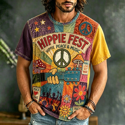 Cardydony Men's Retro Music Hippie Print Short-sleeve T-shirt