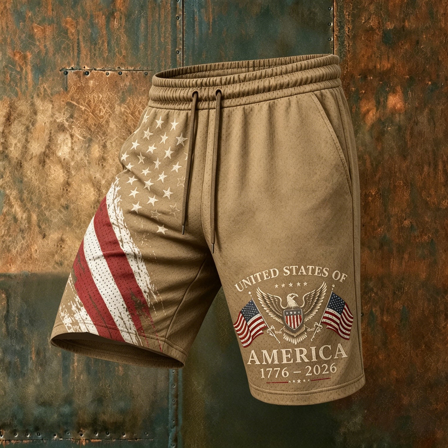 Cardydony Men's Usa Anniversary Flag With Eagle Pattern Casual Mesh Shorts