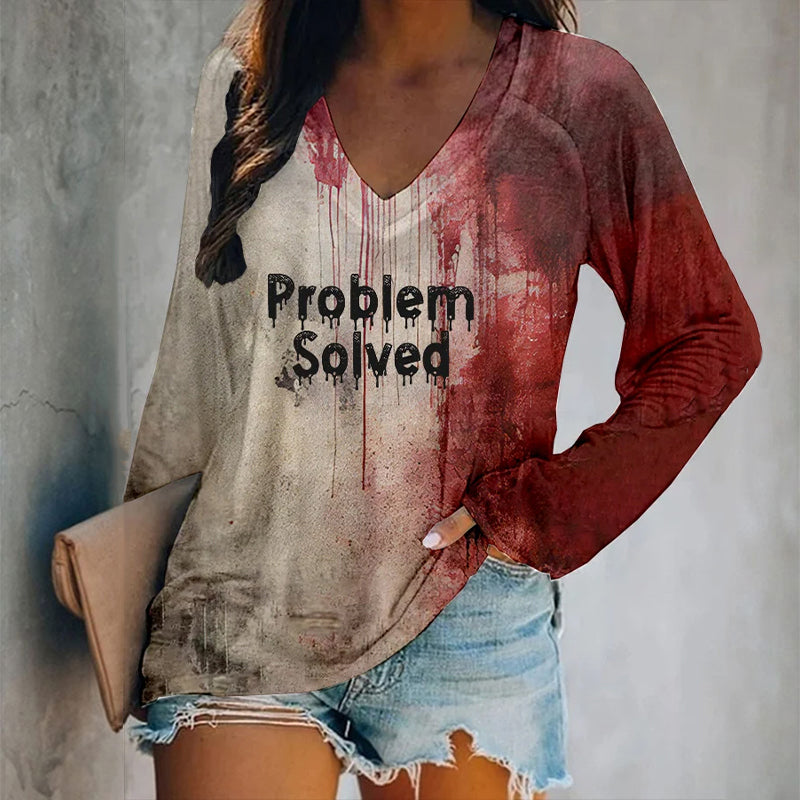 Cardydony Women's Bloody Problem Solved Halloween Print V-Neck T-Shirt