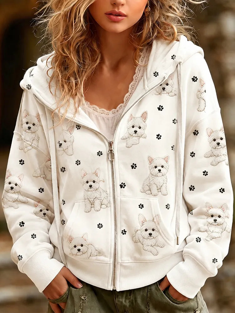 Cardydony Women's Cute Dog And Paw Print Casual Zip Up Hoodie