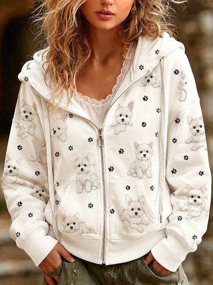 Cardydony Women's Cute Dog And Paw Print Casual Zip Up Hoodie