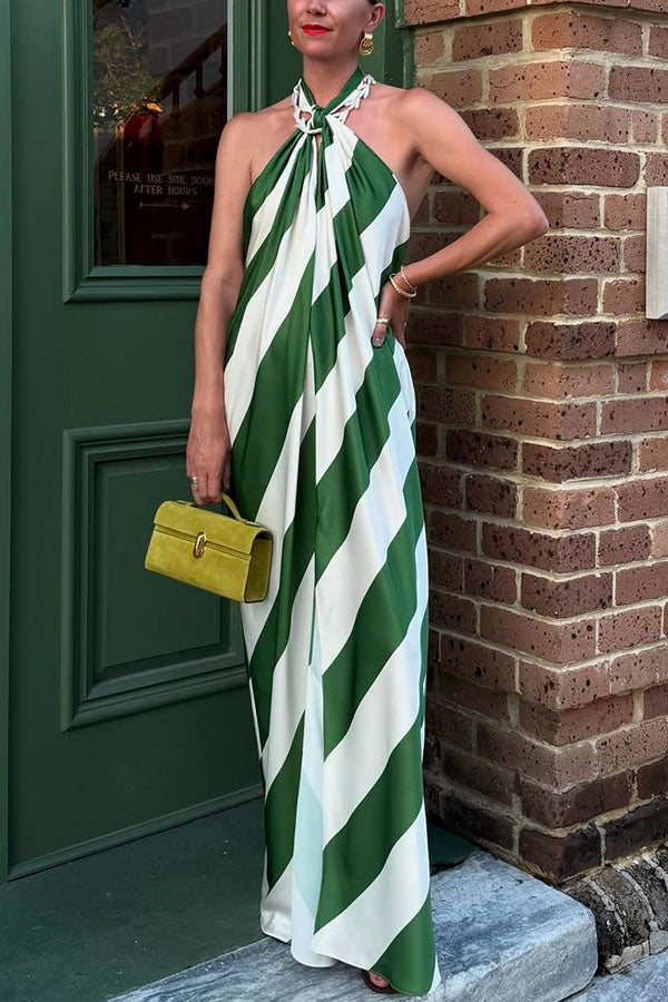 Cardydony Women's Most Dreamy Stripe Print Halter Tie-up Backless Pocket Loose Maxi Dress