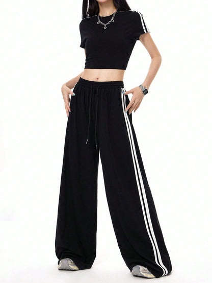 Cardydony Women's Sporty Side-Stripe Wide Leg Track Pants
