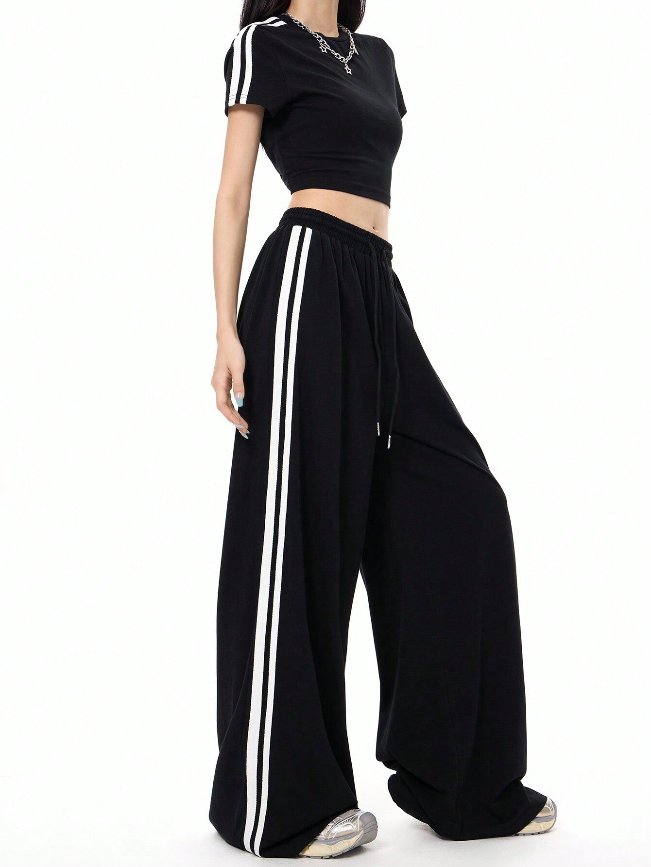 Cardydony Women's Sporty Side-Stripe Wide Leg Track Pants