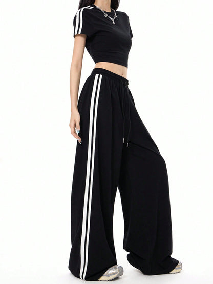Cardydony Women's Sporty Side-Stripe Wide Leg Track Pants