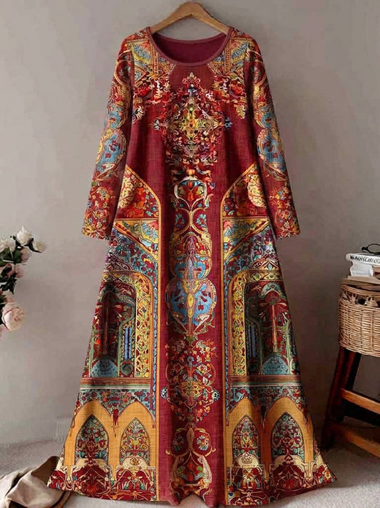 Cardydony Women's Iranian Golestan Palace Persian Art Pattern Linen Blend Dress