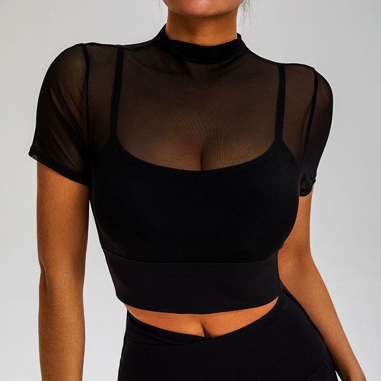 Cardydony Women's Sheer Mesh Short-Sleeved Crop Top with Built-In Chest Pad