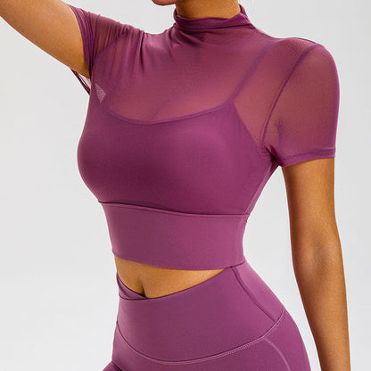 Cardydony Women's Sheer Mesh Short-Sleeved Crop Top with Built-In Chest Pad
