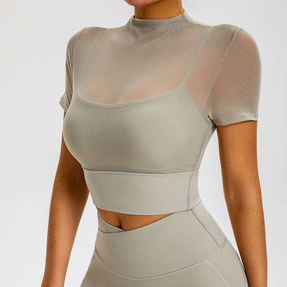 Cardydony Women's Sheer Mesh Short-Sleeved Crop Top with Built-In Chest Pad