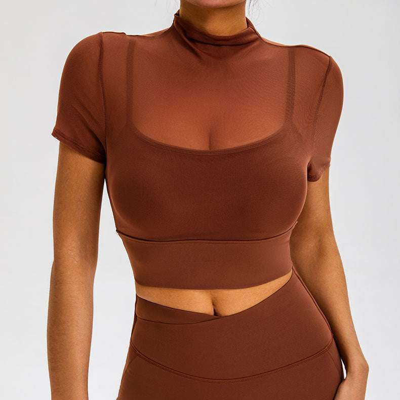 Cardydony Women's Sheer Mesh Short-Sleeved Crop Top with Built-In Chest Pad