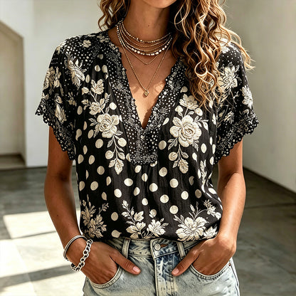 Cardydony Black White Floral Polka Dot Lace Blouse, Boho V Neck Short Sleeve Casual Top