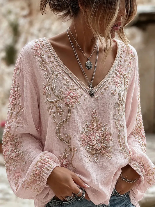 Cardydony Women's Retro Floral Embroidered Art V-neck Long Sleeve Linen Blend T-shirt
