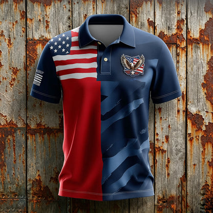 Cardydony Men's American Flag Print Polo Shirt With Eagle Embroidery