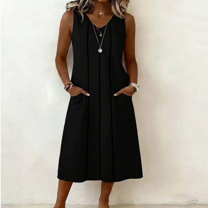 Cardydony Women's Solid Color V-neck Sleeveless Vest Midi Dress