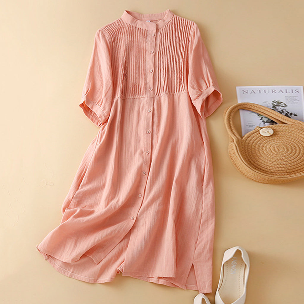 Cardydony Women's Solid Color Multi-pleated Linen Blend Dress