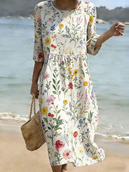 Cardydony Vintage Floral Art Linen Blend Loose Linen Dress