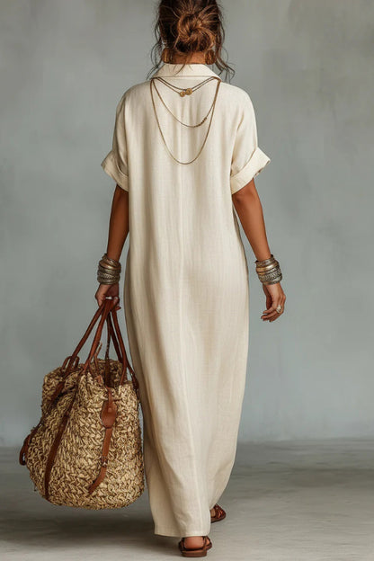 Cardydony Women's  Linen Blend Embroidered V-neck Pocket Casual Loose Maxi Dress
