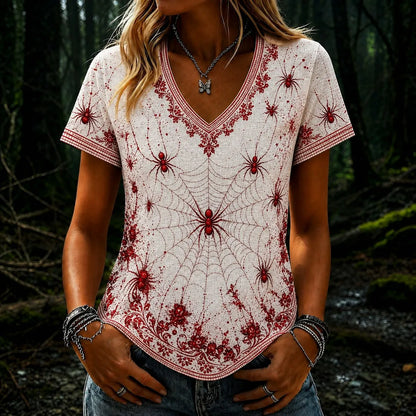 Cardydony Women's Vintage Spider Art Pattern V-neck Short Sleeve T-shirt