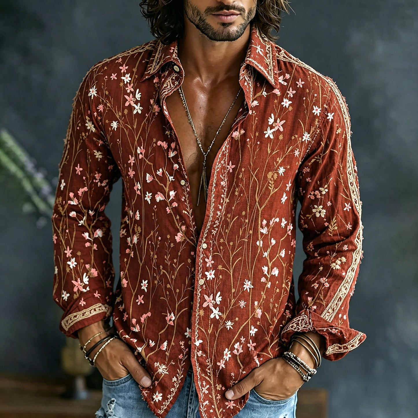 Cardydony Men's Retro Floral Embroidered Art Print Flowy Linen Blend Shirt