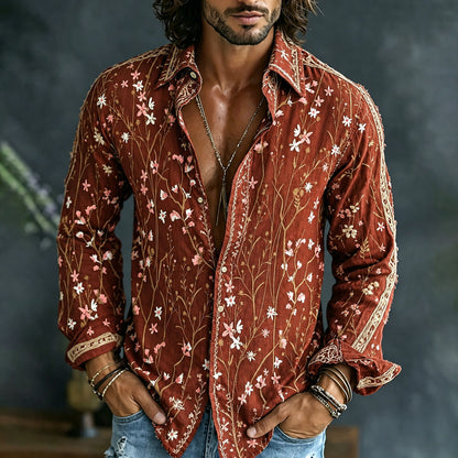 Cardydony Men's Retro Floral Embroidered Art Print Flowy Linen Blend Shirt