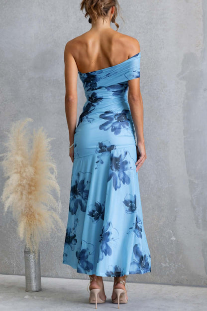 Cardydony Women's Floral Print Elegant Mesh Off-shoulder Fitted Maxi Dress