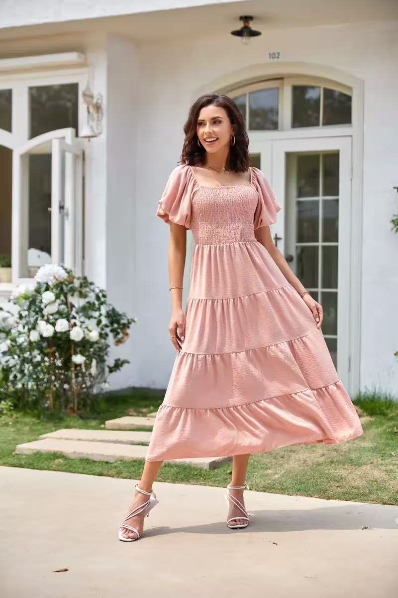 Cardydony Women's Square Neck Backless Pleated Dress